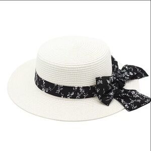 White with black ribbon straw hat